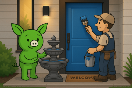 Green cartoon pig smiles while adjusting a modern water fountain, as a contractor paints a bright blue front door of a modern home. A “Welcome” mat lies at the doorstep and warm lighting glows from inside. This illustrates the contents of a Feng Shui and Wealth article.