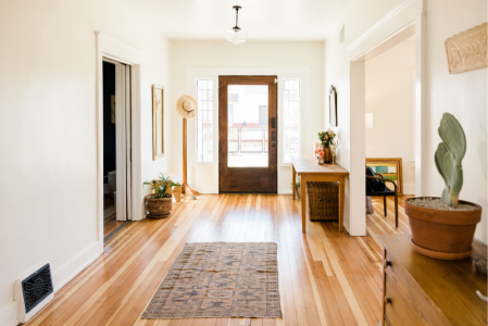 Modern feng shui entryway with a brown front door, potted plants on either side, and a organized entryway with a hat rack.