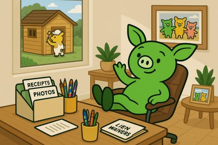 Homeowner cartoon pig relaxing in a modern home office with organized lien waiver files while a contractor paints a shed outside the window. 