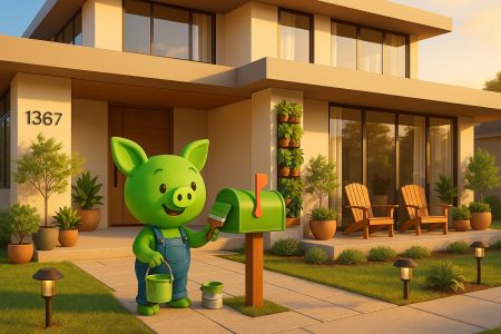Cartoon pig painting a green mailbox in front of a modern house with house number 1367, vertical herb garden, Adirondack chairs, and solar path lights. This image is for a How to Spruce Up Your Front Yard blog post. 
