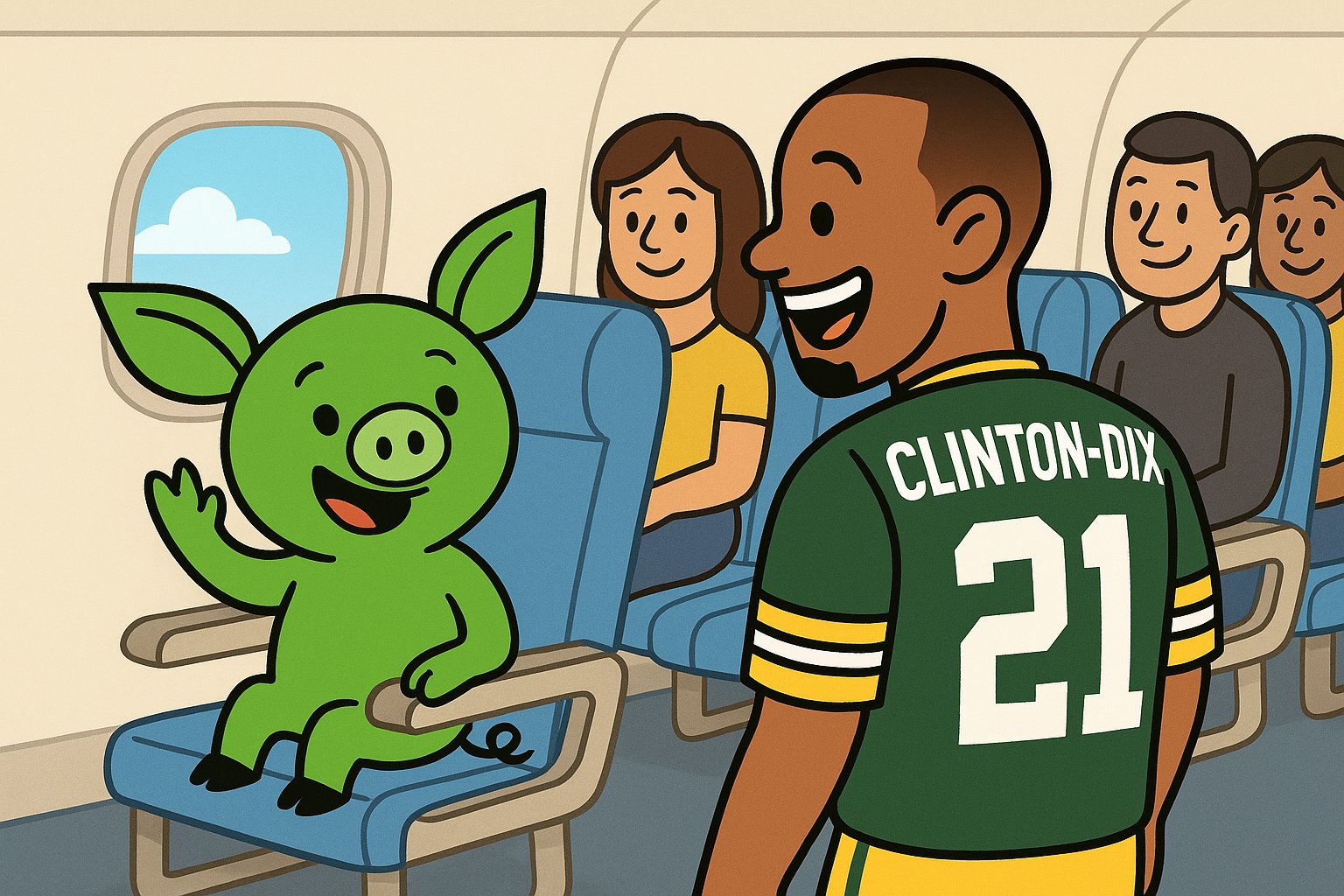 Haha Clinton-Dix in Green Bay Packers jersey meets green cartoon pig Oinkers on airplane, smiling with passengers and blue sky window in background.