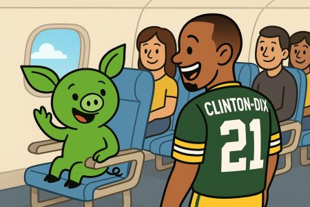 Haha Clinton-Dix in Green Bay Packers jersey meets green cartoon pig Oinkers on airplane, smiling with passengers and blue sky window in background