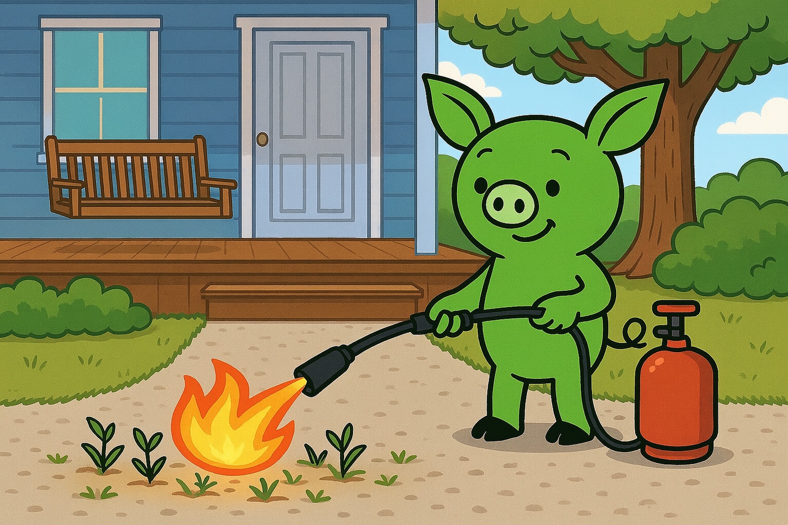 Cartoon pig character using a propane torch to burn weeds in the front yard of a blue house with a porch swing. The pig smiles while holding the flame over small weeds on a gravel path