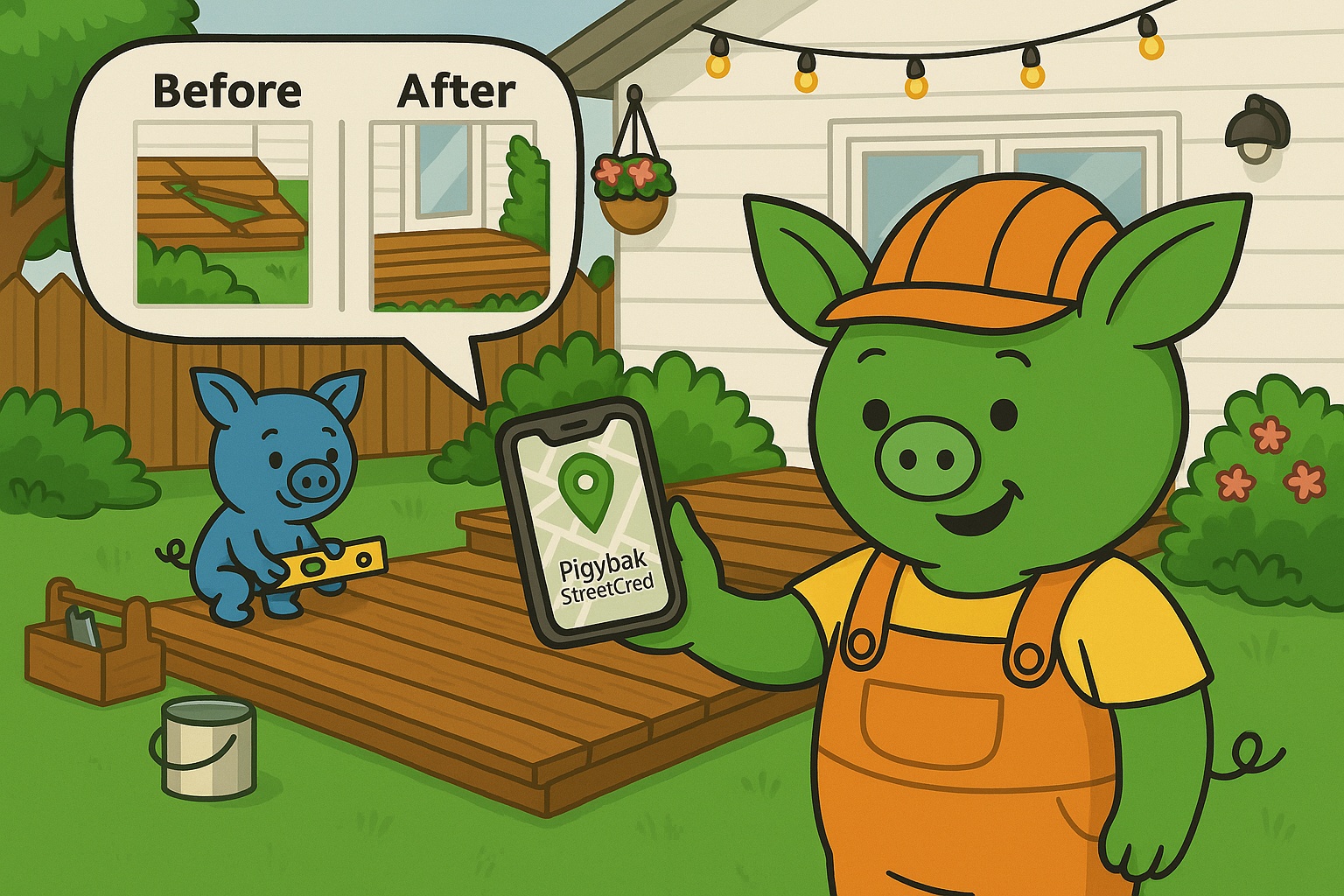 Two cartoon pigs build a backyard deck in front of a white house. One pig, dressed as a contractor, holds a phone showing a Pigybak StreetCred map, while the other pig levels the new deck. A speech bubble shows before-and-after photos of the deck, with the ‘before’ deck broken and damaged.