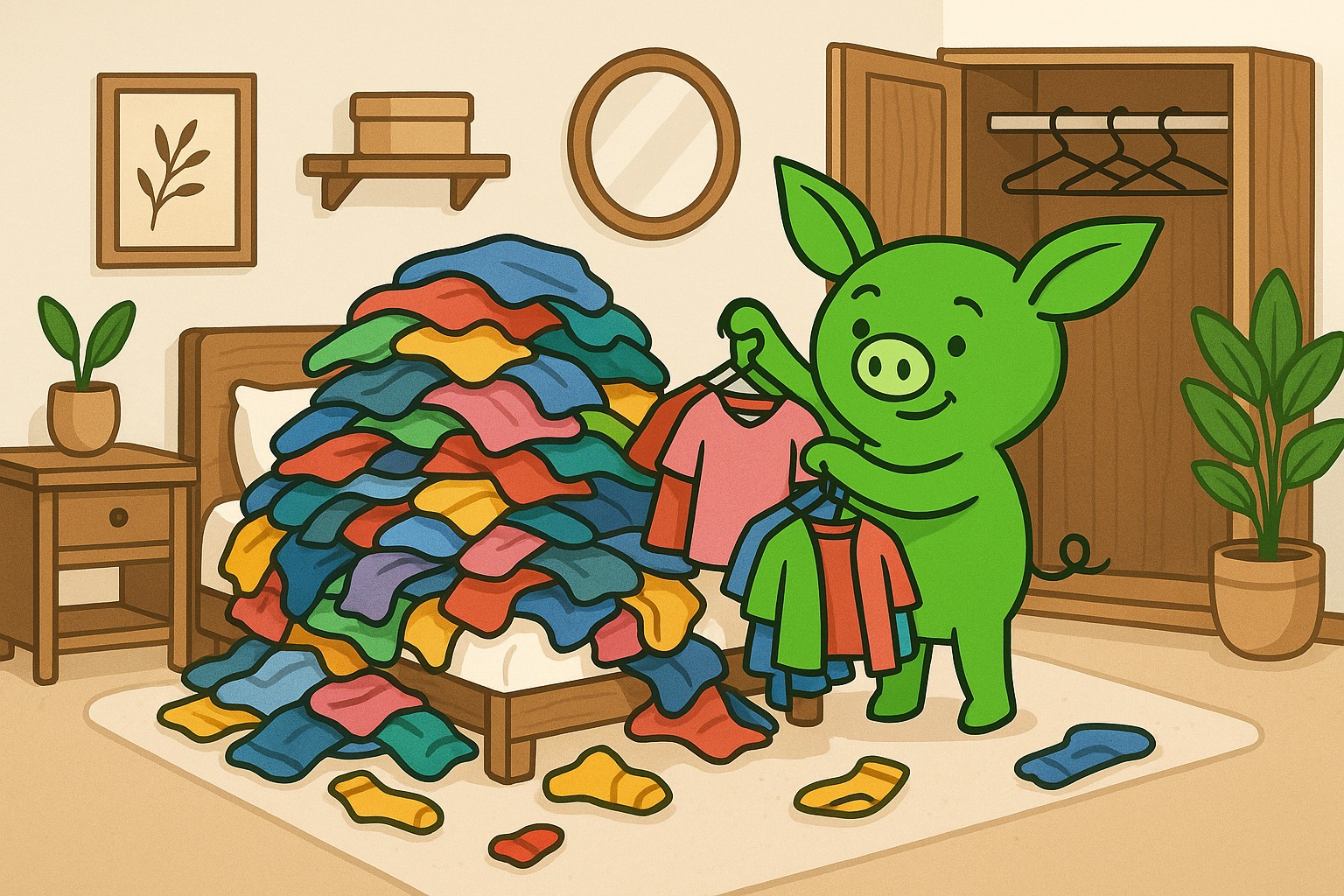 Cartoon illustration of a green pig standing in a tidy bedroom, holding three shirts on hangers. Behind the pig is an open closet with empty hangers, and on the bed is a large, colorful pile of folded clothes in red, yellow, blue, and green. Clothes are scattered on the floor, and the room features wooden furniture, potted plants, and framed wall art.