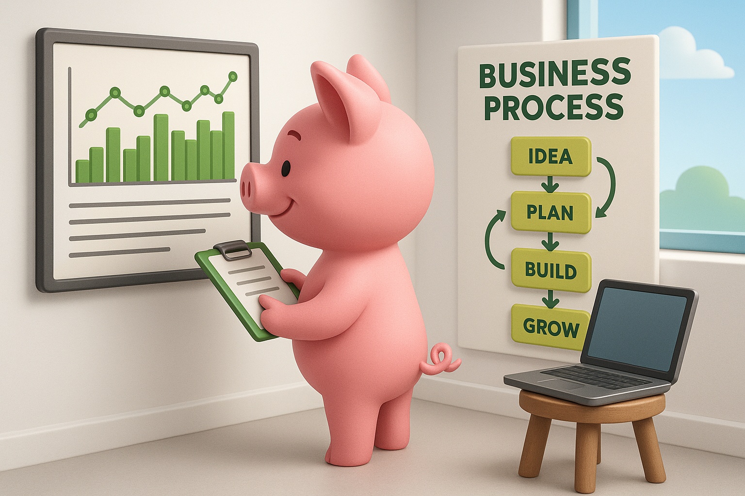 A pink cartoon pig contractor stands indoors, smiling while analyzing a green bar and line chart on the wall. It holds a green clipboard and is surrounded by business-themed elements, including a poster labeled “Business Process” with steps: Idea, Plan, Build, Grow. A laptop sits on a wooden stool nearby, and a window shows a blue sky with soft clouds and trees.
