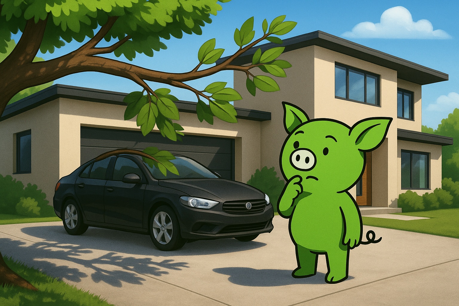 A green cartoon pig stands in a driveway, looking skeptically at a low-hanging tree branch positioned directly above a parked black car. The background features a modern, beige two-story house with large windows and a clean, landscaped yard under a bright blue sky.