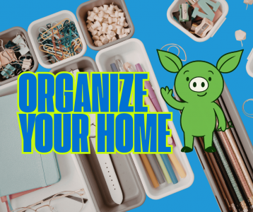 Home organization tips using a seven zone decluttering system with labeled bins for keep, donate, recycle, and trash