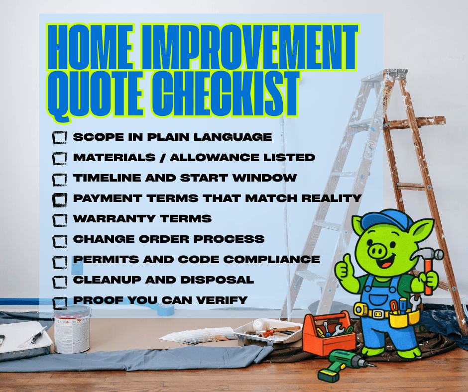 Homeowner reviewing a contractor estimate checklist at a kitchen table with a notepad and measuring tape