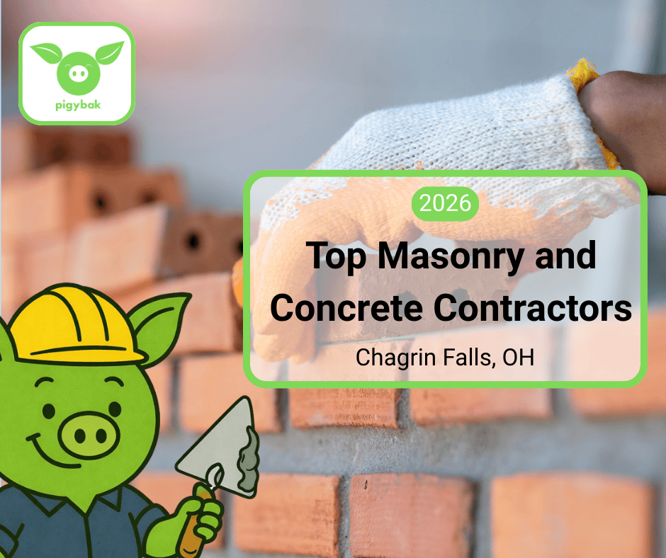 2026 Top Masonry and Concrete Contractors in Chagrin Falls, Ohio, featuring the Pigybak mascot Oinkers and a background of bricklaying.