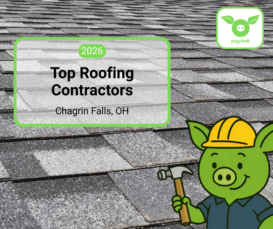 2026 Top Roofing Contractors in Chagrin, Ohio, featuring the Pigybak mascot oinkers over a background of gray roof shingles.