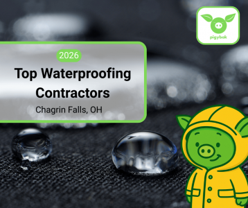 2026 Top Waterproofing Contractors in Chagrin Falls, Ohio, featuring the Pigybak mascot Oinkers in a yellow raincoat over a background of water beads.