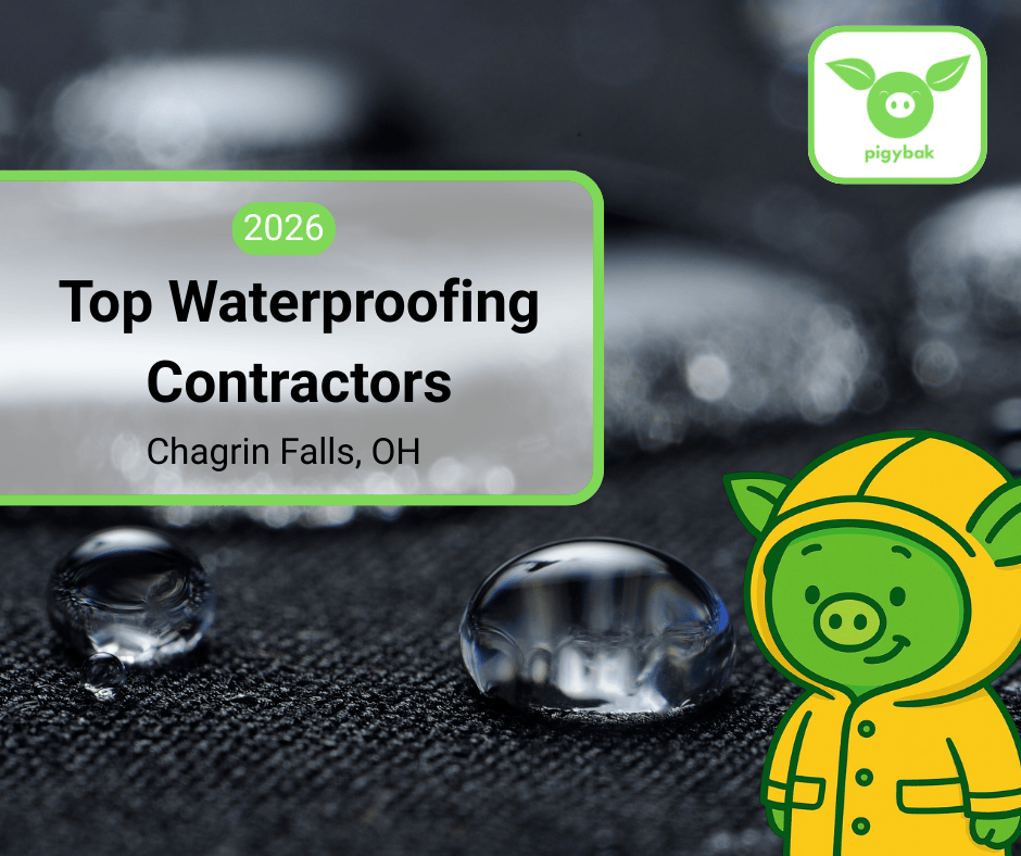 2026 Top Waterproofing Contractors in Chagrin Falls, Ohio, featuring the Pigybak mascot Oinkers in a yellow raincoat over a background of water beads.