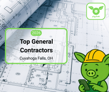 2026 Top General Contractors in Cuyahoga Falls, Ohio, featuring the Pigybak mascot Oinkers over a background of construction blueprints.