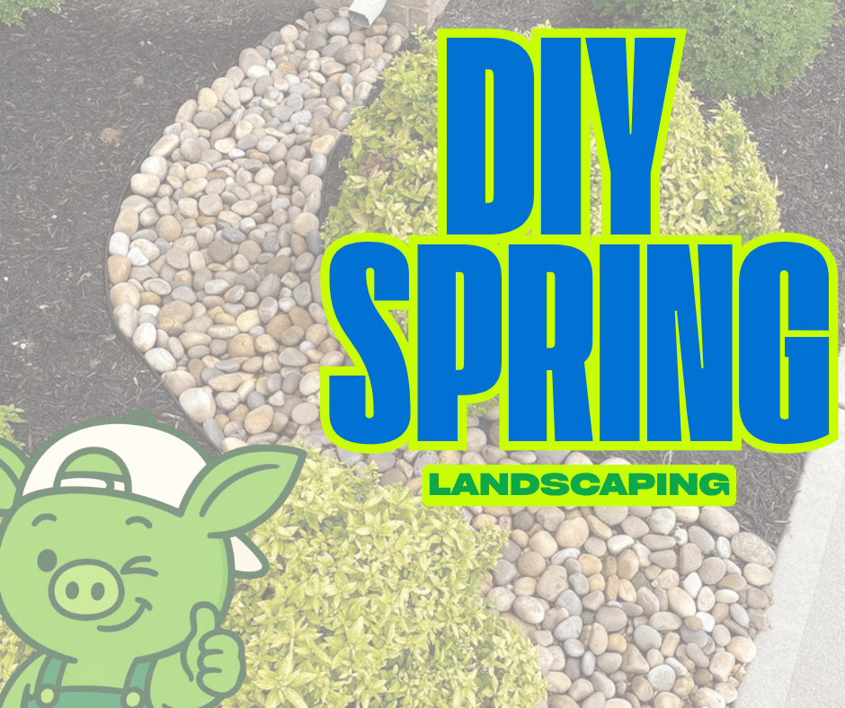 Pigybak mascot Oinkers giving a thumbs up next to a river stone dry creek bed, promoting DIY spring landscaping and drainage solutions.