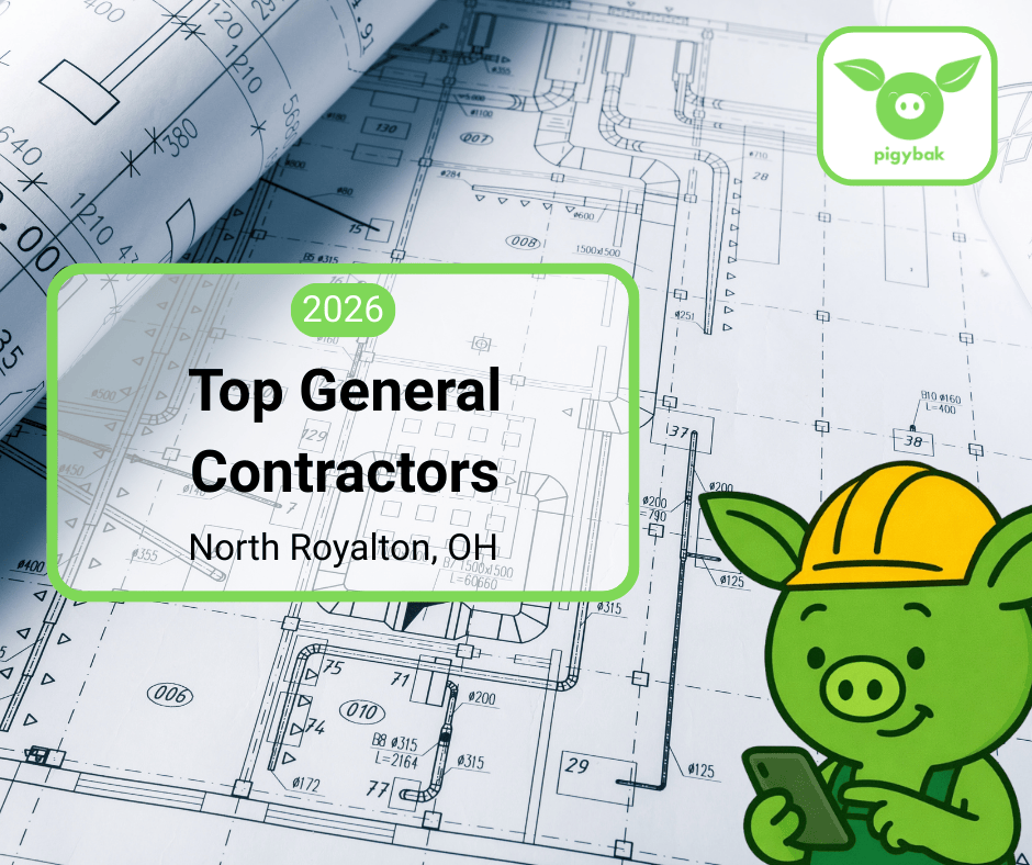 2026 Top General Contractors in North Royalton, Ohio, featuring the Pigybak mascot Oinkers over a background of construction blueprints.