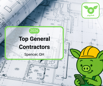 2026 Top General Contractors in Spencer, Ohio, featuring the Pigybak mascot Oinkers over a background of construction blueprints.