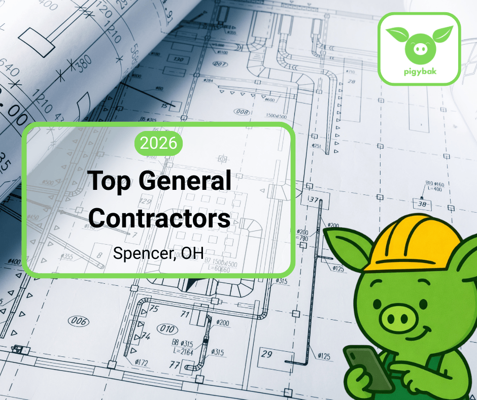 2026 Top General Contractors in Spencer, Ohio, featuring the Pigybak mascot Oinkers over a background of construction blueprints.