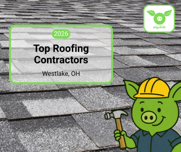 2026 Top Roofing Contractors in Westlake, Ohio, featuring the Pigybak mascot Oinkers over a background of gray roof shingles.