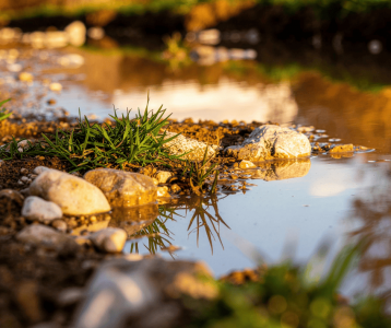 Small puddle reflecting sunlight on soil with pebbles and grass to highlight drainage and water‑flow conditions