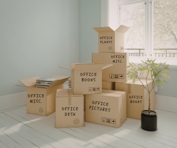 Labeled Moving Boxes in New Home Stacked moving boxes labeled by room in bright space to support new homeowner organization planning