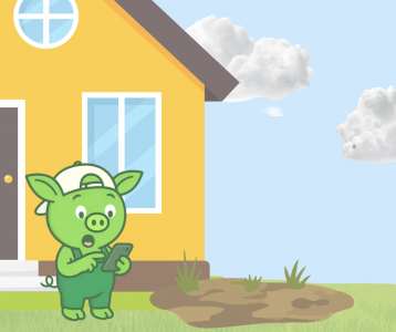 Oinkers checking a smartphone outside a home to illustrate mobile homeowner tools and on‑site task management