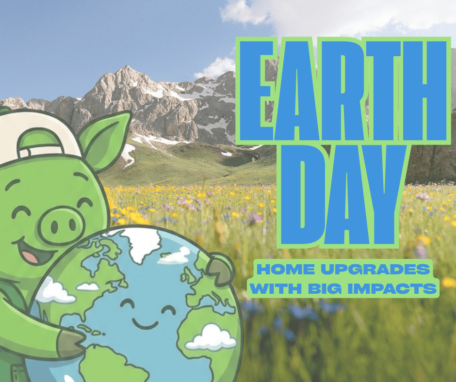 Cartoon green pig (Oinkers) hugging smiling Earth over mountain landscape promoting Earth Day home upgrades and sustainability.