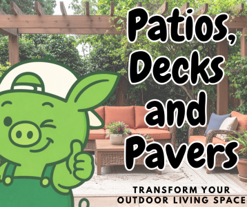 Oinkers, a green pig character in overalls and a cap, stands in front of an outdoor patio with a wooden pergola, orange cushioned seating, and surrounding greenery, giving a thumbs‑up and winking.