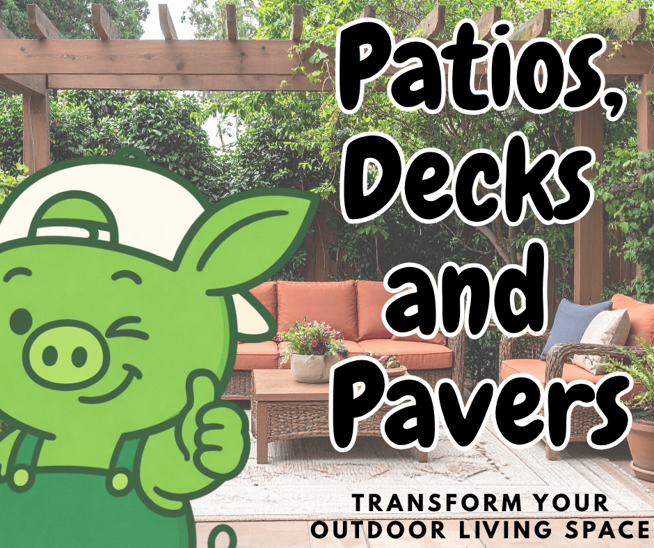 Oinkers, a green pig character in overalls and a cap, stands in front of an outdoor patio with a wooden pergola, orange cushioned seating, and surrounding greenery, giving a thumbs‑up and winking.
