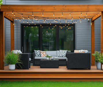 A modern backyard patio with a wooden pergola, string lights, wicker seating with light cushions, potted plants, and large glass doors opening to a lawn.