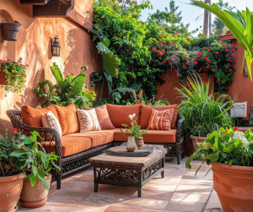 A cozy patio with terracotta tile flooring, wicker seating with orange cushions, lush tropical plants, and flowering vines surrounding the space.